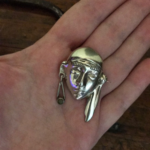 Vintage Native American Mask Brooch Green Turquoise Mexico Sterling Silver - Picture 4 of 6